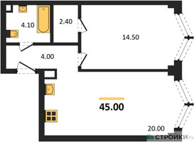 Планировка однокомнатной(квартира) площадью 45 квадратных метров в “ЖК ЗИЛАРТ”