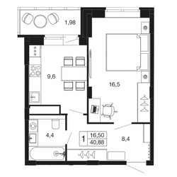 Планировка однокомнатной(квартира) площадью 40.3 квадратных метров в ЖК “ЖК Времена года”