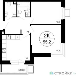 Планировка двухкомнатной(квартира) площадью 55.2 квадратных метров в ЖК “ЖК Одинцовские кварталы”