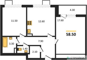 Планировка двухкомнатной(квартира) площадью 58.5 квадратных метров в “ЖК 1-й Южный (Первый Южный)”