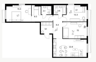 Планировка трехкомнатной(квартира) площадью 95.1 квадратных метров в “ЖК Зеленый парк”