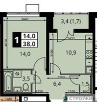 Планировка однокомнатной(квартира) площадью 38 квадратных метров в “ЖК 1-й Южный (Первый Южный)”