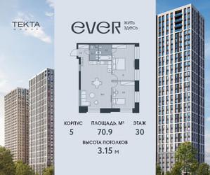 Планировка трехкомнатной(квартира) площадью 70.9 квадратных метров в ЖК “ЖК Ever (Эвер)”
