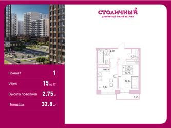 Планировка однокомнатной(квартира) площадью 32.8 квадратных метров в “ЖК Столичный”