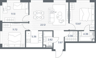 Планировка трехкомнатной(квартира) площадью 77.83 квадратных метров в “ЖК TATE (Тэйт)”