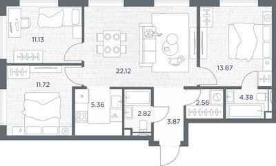Планировка трехкомнатной(квартира) площадью 77.83 квадратных метров в ЖК “ЖК TATE (Тэйт)”