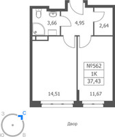 Планировка однокомнатной(апартаменты) площадью 37.43 квадратных метров в “ЖК Волковская 67”