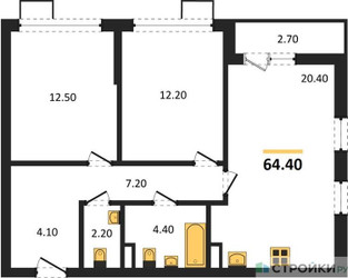 Планировка двухкомнатной(квартира) площадью 64.4 квадратных метров в ЖК “ЖК Деснаречье”