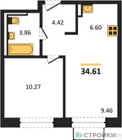 Планировка однокомнатной(квартира) площадью 34.61 квадратных метров в “ЖК Мытищи Парк”