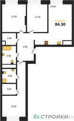 Планировка трехкомнатной(квартира) площадью 84.3 квадратных метров в ЖК “ЖК Детали”