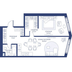 Планировка однокомнатной(квартира) площадью 54 квадратных метров в ЖК “ЖК Свет”