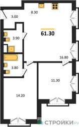 Планировка двухкомнатной(квартира) площадью 61.3 квадратных метров в ЖК “ДД:ОО:ММ. Дом на Часовой”
