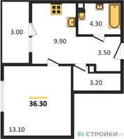 Планировка однокомнатной(квартира) площадью 36.3 квадратных метров в “ЖК Режиссер”