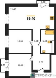 Планировка двухкомнатной(квартира) площадью 59.4 квадратных метров в ЖК “ЖК Квартал Метроном”