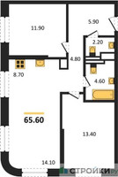Планировка двухкомнатной(квартира) площадью 65.6 квадратных метров в “ЖК Sokolniki (Сокольники)”