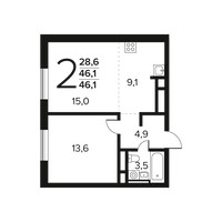 Планировка двухкомнатной(квартира) площадью 46.1 квадратных метров в “Новые Ватутинки. Заречный”