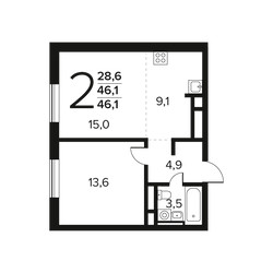 Планировка двухкомнатной(квартира) площадью 46.1 квадратных метров в ЖК “Новые Ватутинки. Заречный”