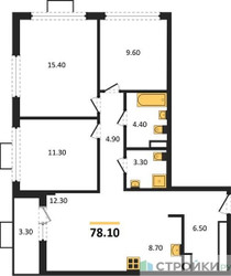 Планировка трехкомнатной(квартира) площадью 78.1 квадратных метров в ЖК “ЖК Бунинские кварталы”