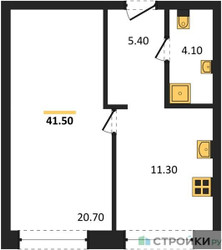 Планировка однокомнатной(квартира) площадью 41.5 квадратных метров в ЖК “ЖК Moments (Моментс)”