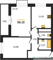 Планировка двухкомнатной(квартира) площадью 56.12 квадратных метров в “ЖК Одинбург”