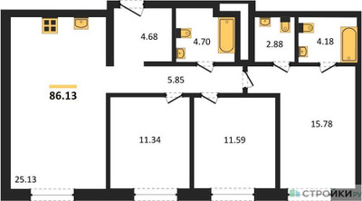 Планировка трехкомнатной(квартира) площадью 86.13 квадратных метров в “ЖК Forst (Форст)”