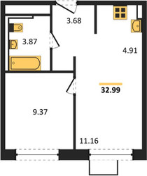 Планировка однокомнатной(квартира) площадью 32.99 квадратных метров в ЖК “ЖК Квартал Сабурово”