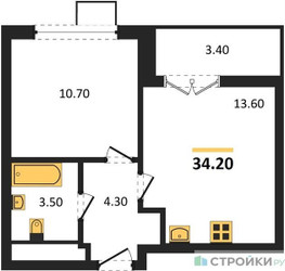 Планировка однокомнатной(квартира) площадью 34.2 квадратных метров в ЖК “ЖК 1-й Донской (Первый Донской)”
