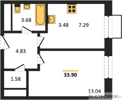 Планировка однокомнатной(квартира) площадью 33.9 квадратных метров в “ЖК Новоград Павлино”
