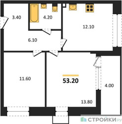 Планировка двухкомнатной(квартира) площадью 53.2 квадратных метров в ЖК “ЖК Прокшино”