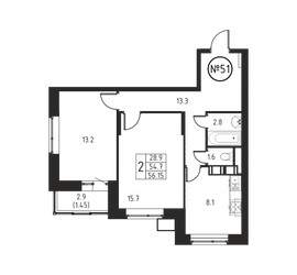 Планировка двухкомнатной(квартира) площадью 56.1 квадратных метров в ЖК “ЖК Космос”
