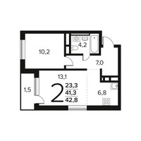 Планировка двухкомнатной(квартира) площадью 42.8 квадратных метров в “Новые Ватутинки. Заречный”