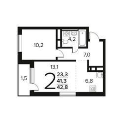 Планировка двухкомнатной(квартира) площадью 42.8 квадратных метров в ЖК “Новые Ватутинки. Заречный”