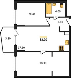 Планировка двухкомнатной(квартира) площадью 53.2 квадратных метров в ЖК “ЖК "Коллекция"”