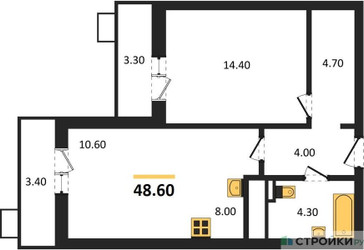Планировка однокомнатной(квартира) площадью 48.6 квадратных метров в ЖК “ЖК Пироговская Ривьера”