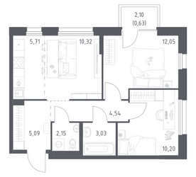 Планировка двухкомнатной(квартира) площадью 53.72 квадратных метров в ЖК “ЖК Новое Внуково”