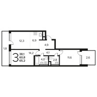 Планировка трехкомнатной(квартира) площадью 65.2 квадратных метров в “Новые Ватутинки. Заречный”