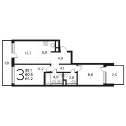 Планировка трехкомнатной(квартира) площадью 65.2 квадратных метров в ЖК “Новые Ватутинки. Заречный”