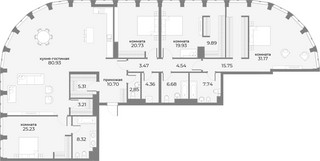 Планировка 4+ комнатной(апартаменты) площадью 266.9 квадратных метров в “ЖК Sky View (Скай Вью)”