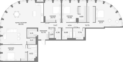 Планировка 4+ комнатной(апартаменты) площадью 266.9 квадратных метров в ЖК “ЖК Sky View (Скай Вью)”