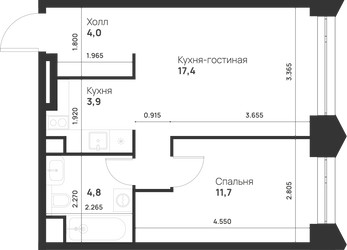 Планировка однокомнатной(квартира) площадью 41.8 квадратных метров в ЖК “ЖК Войс”
