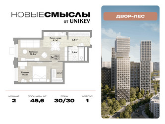 Планировка двухкомнатной(квартира) площадью 45.6 квадратных метров в ЖК “ЖК Новые смыслы”