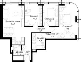 Планировка трехкомнатной(квартира) площадью 96.6 квадратных метров в “ЖК Сити Бэй”
