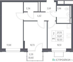 Планировка двухкомнатной(квартира) площадью 52.53 квадратных метров в “ЖК Богдановский Лес”