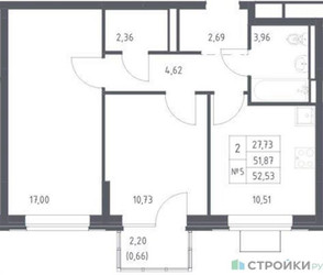 Планировка двухкомнатной(квартира) площадью 52.53 квадратных метров в ЖК “ЖК Богдановский Лес”