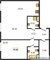 Планировка двухкомнатной(квартира) площадью 74.96 квадратных метров в “Квартал Foriver”