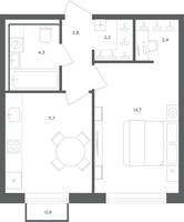 Планировка однокомнатной(квартира) площадью 38.4 квадратных метров в “ЖК Равновесие”