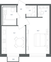 Планировка однокомнатной(квартира) площадью 38.4 квадратных метров в ЖК “ЖК Равновесие”