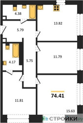 Планировка трехкомнатной(квартира) площадью 74.41 квадратных метров в ЖК “ЖК Sezar City (Сезар Сити)”
