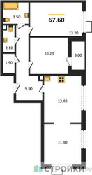 Планировка трехкомнатной(квартира) площадью 67.6 квадратных метров в ЖК “ЖК 1-й Южный (Первый Южный)”