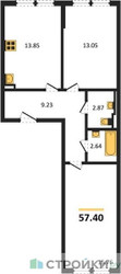 Планировка двухкомнатной(квартира) площадью 57.4 квадратных метров в ЖК “ЖК Остафьево”